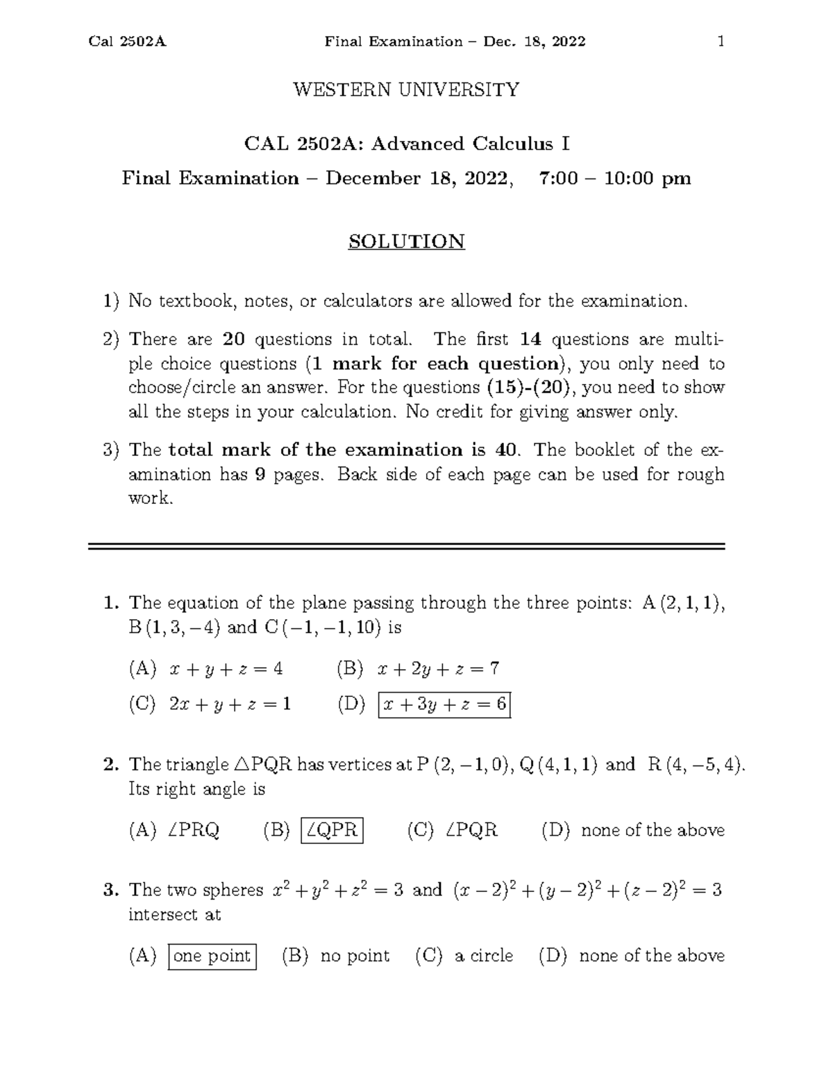 CAL 2502A - Advanced Calculus I Final Exam Solutions 2022 - Studocu