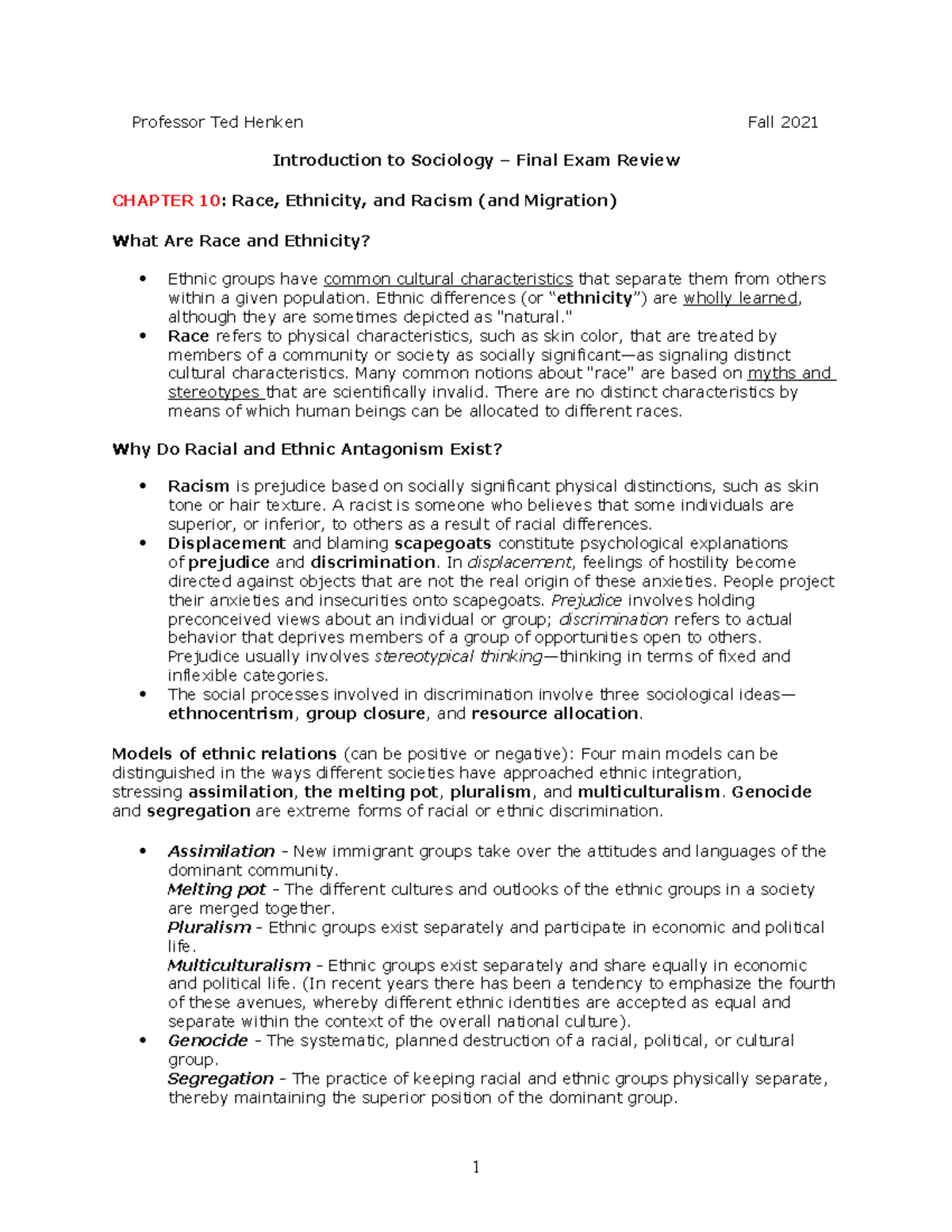 Final Exam Review: SOC 101 - Race, Ethnicity, and Family Concepts - Studocu
