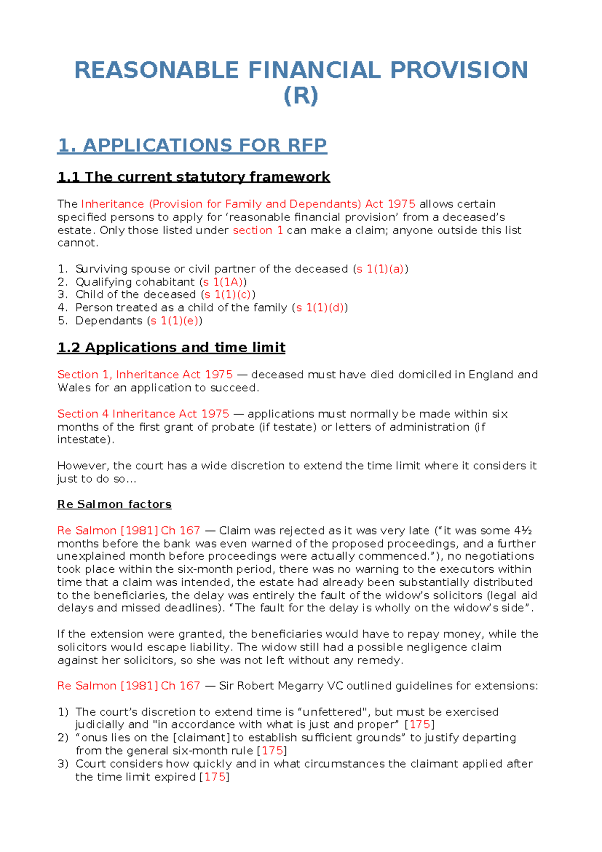 Reasonable Financial Provision (RFP) Overview and Applications - Studocu