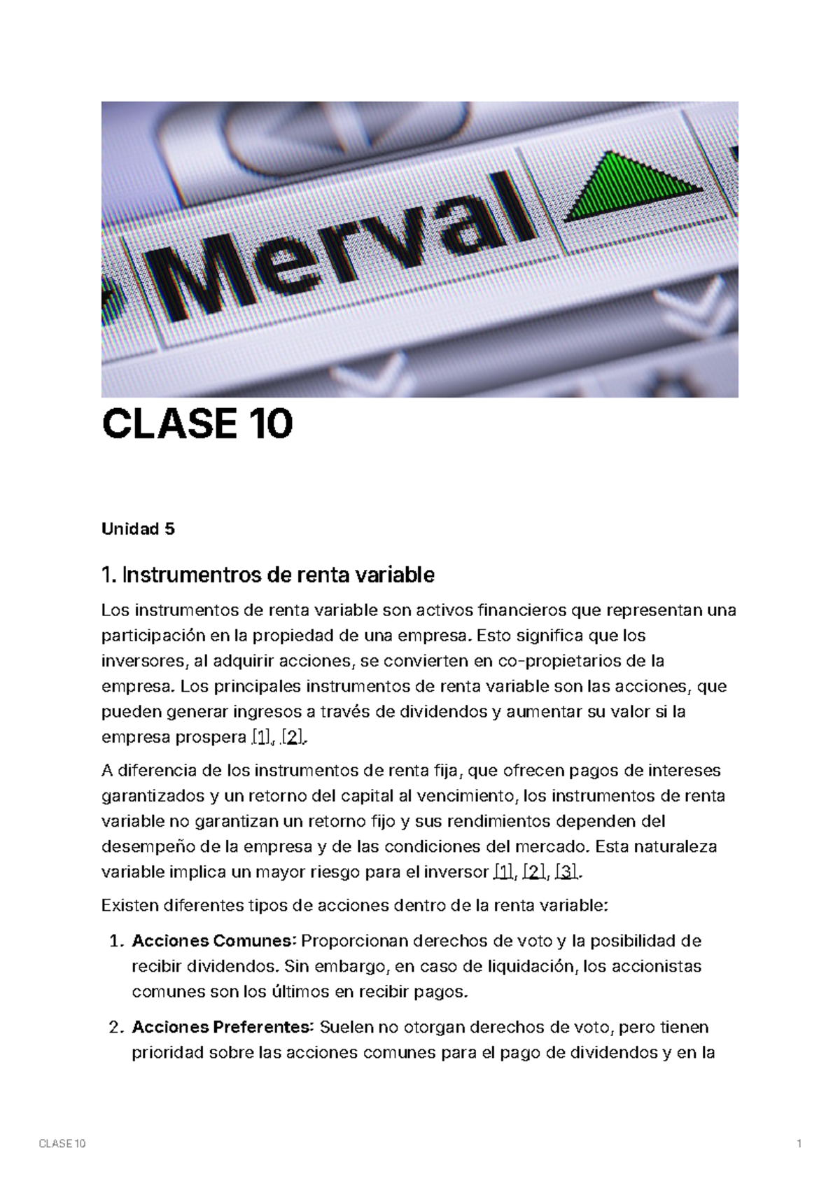 Clase 10 - CLASE 10 Unidad 5 1. Instrumentros de renta variable Los ...