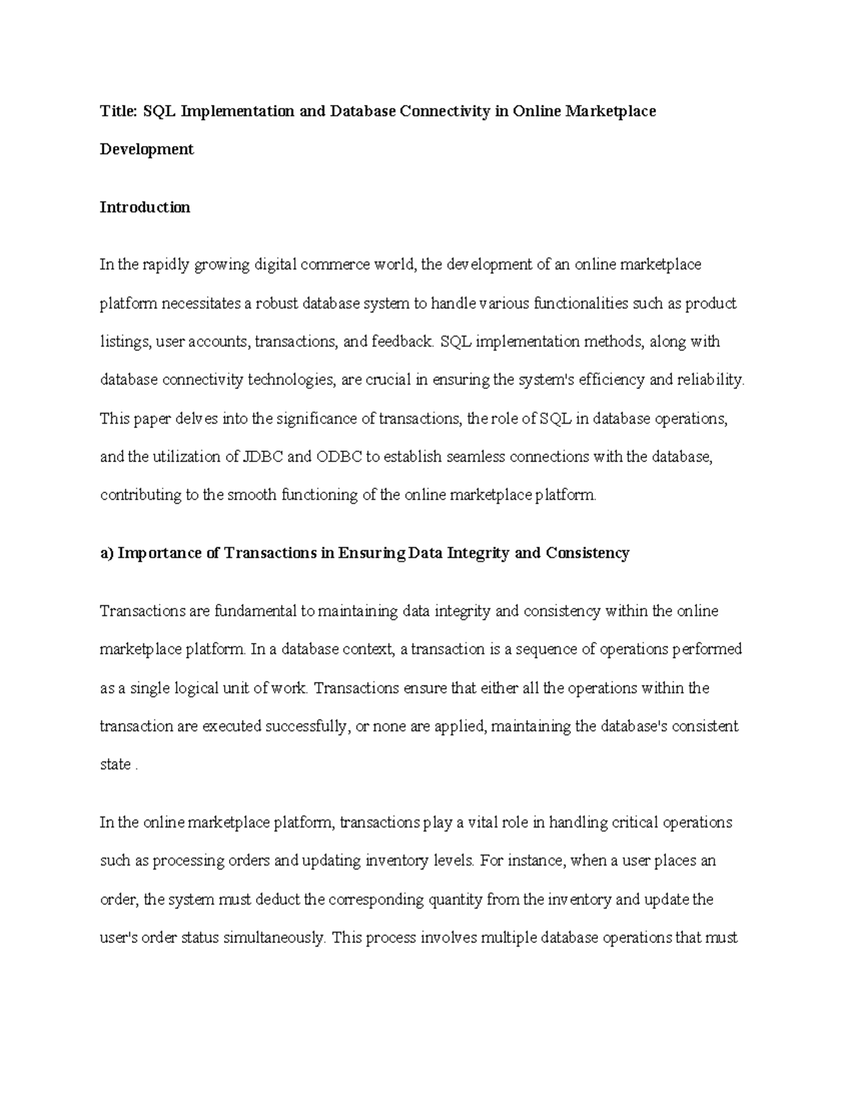 SQL Implementation & Database Connectivity in Online Marketplace Dev ...