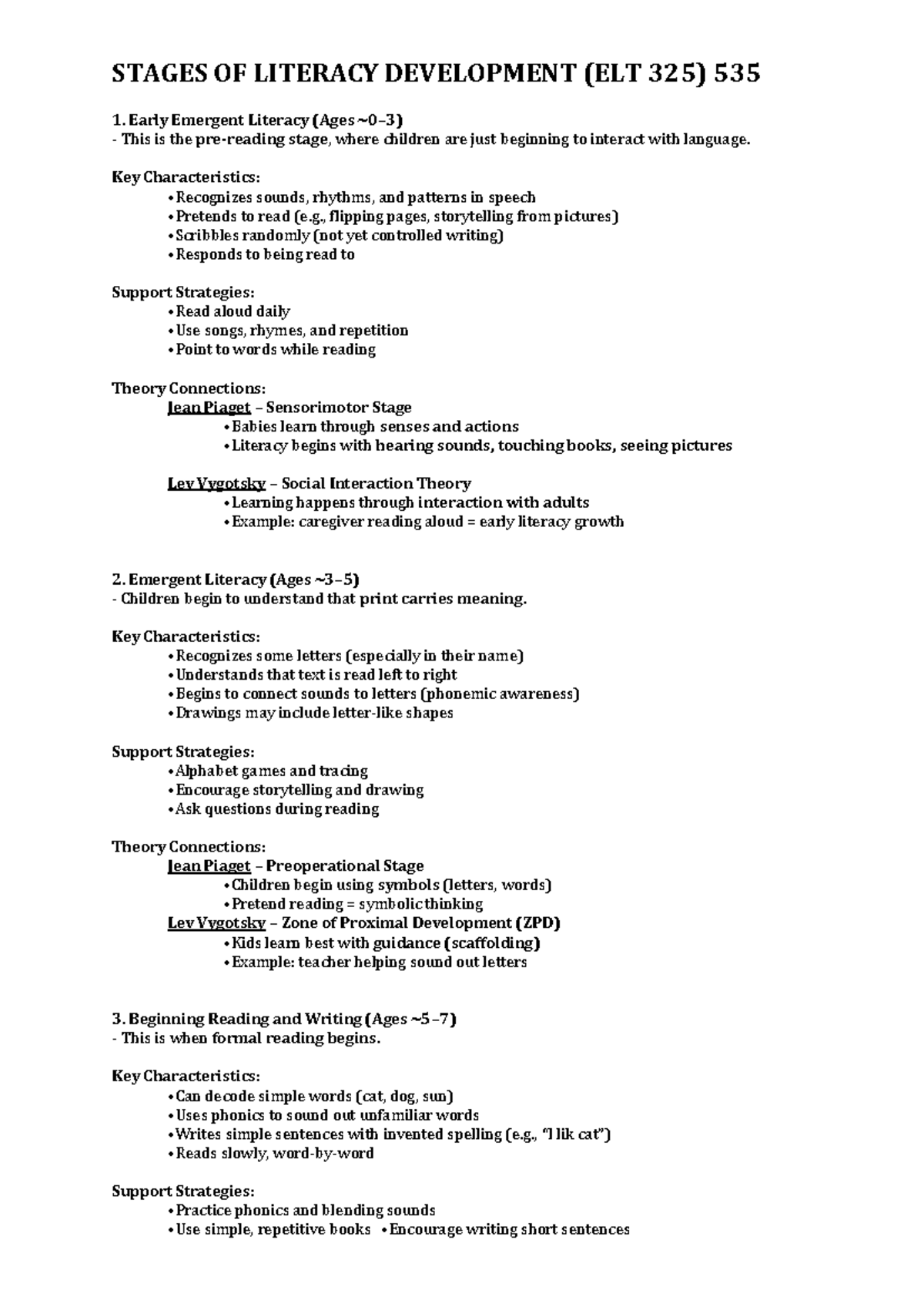 Stages of Literacy Development: Key Insights (ELT 325) - Studocu