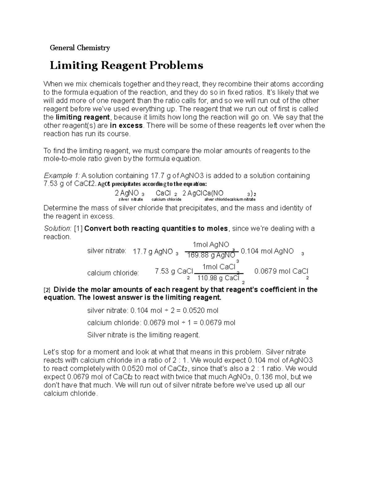 LRP - General Chemistry Limiting Reagent Problems & Solutions - Studocu