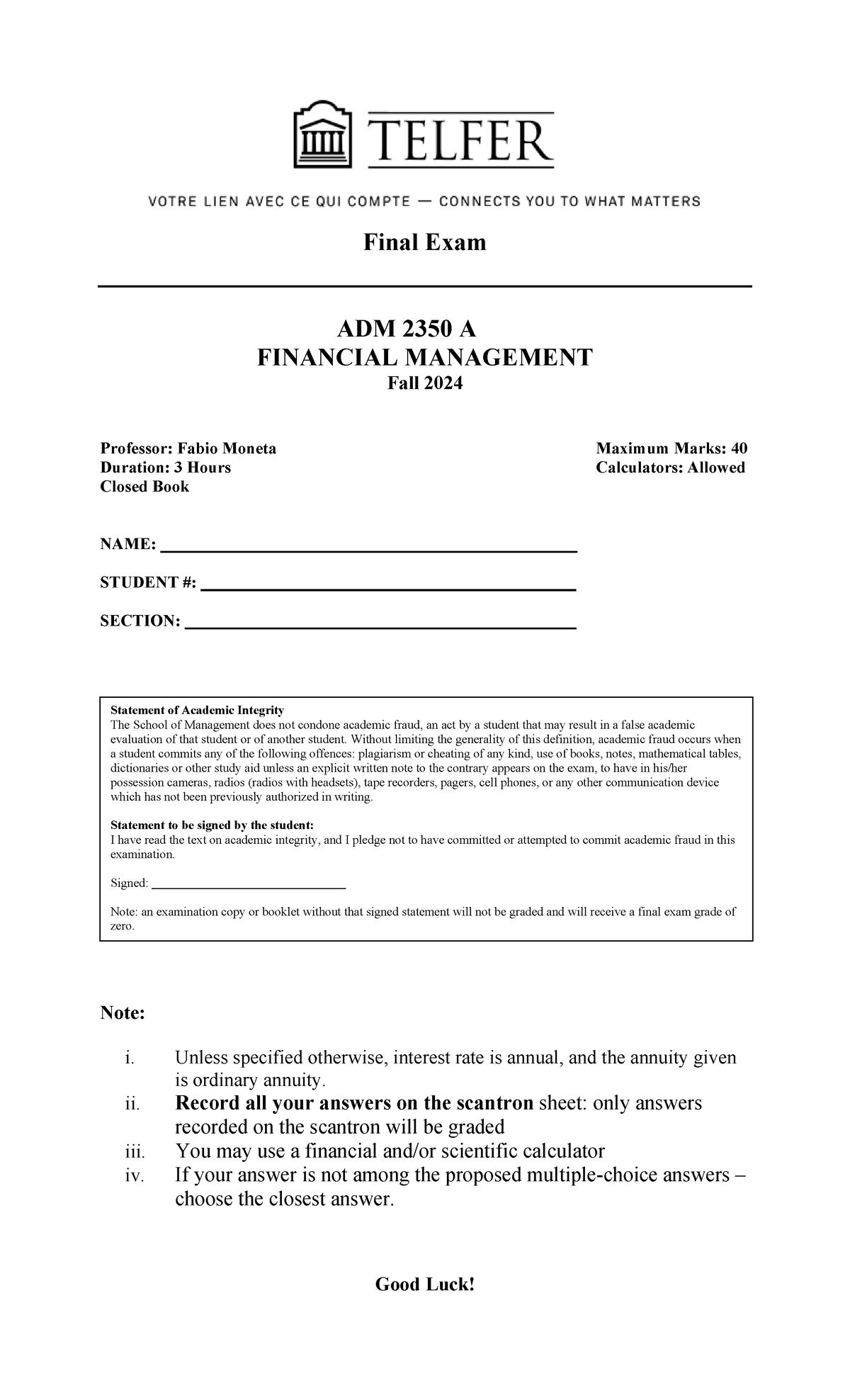 Final Exam Practice for ADM 2350: Financial Management Fall 2024 - Studocu