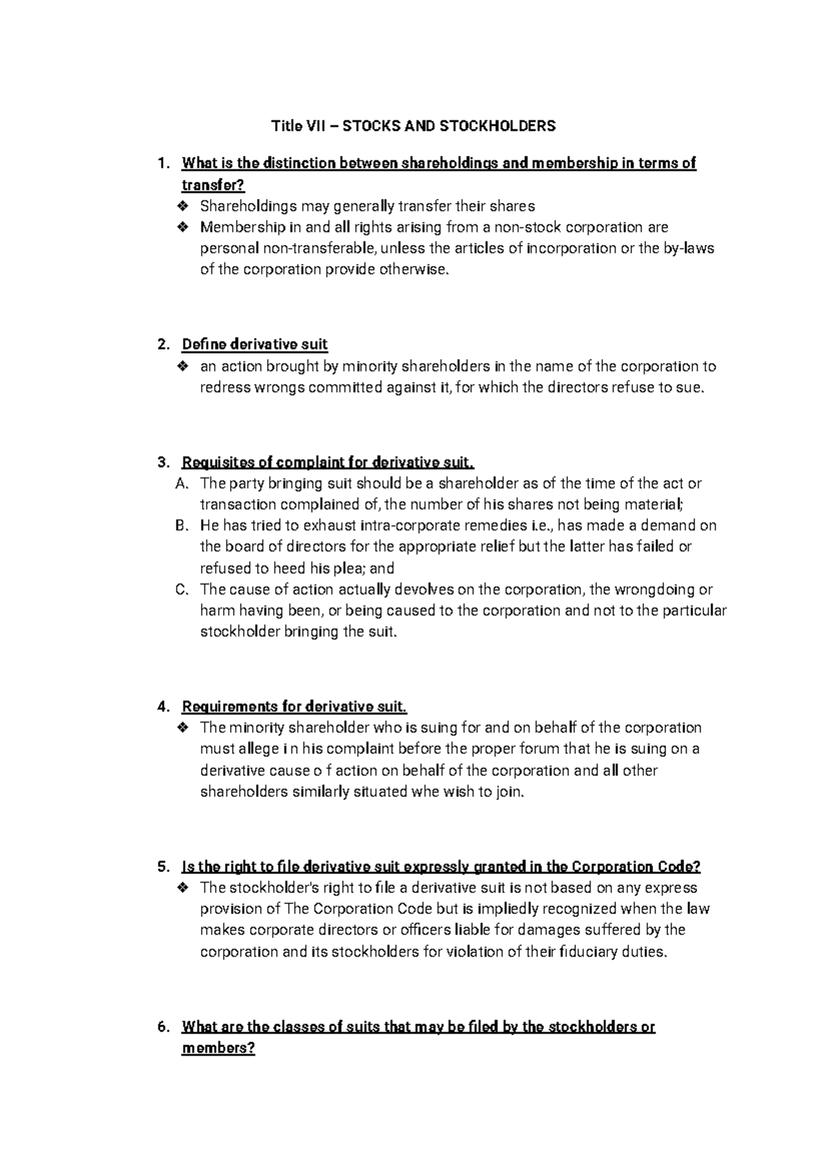 Title VII: Stocks and Stockholders - Key Concepts and Derivative Suits ...