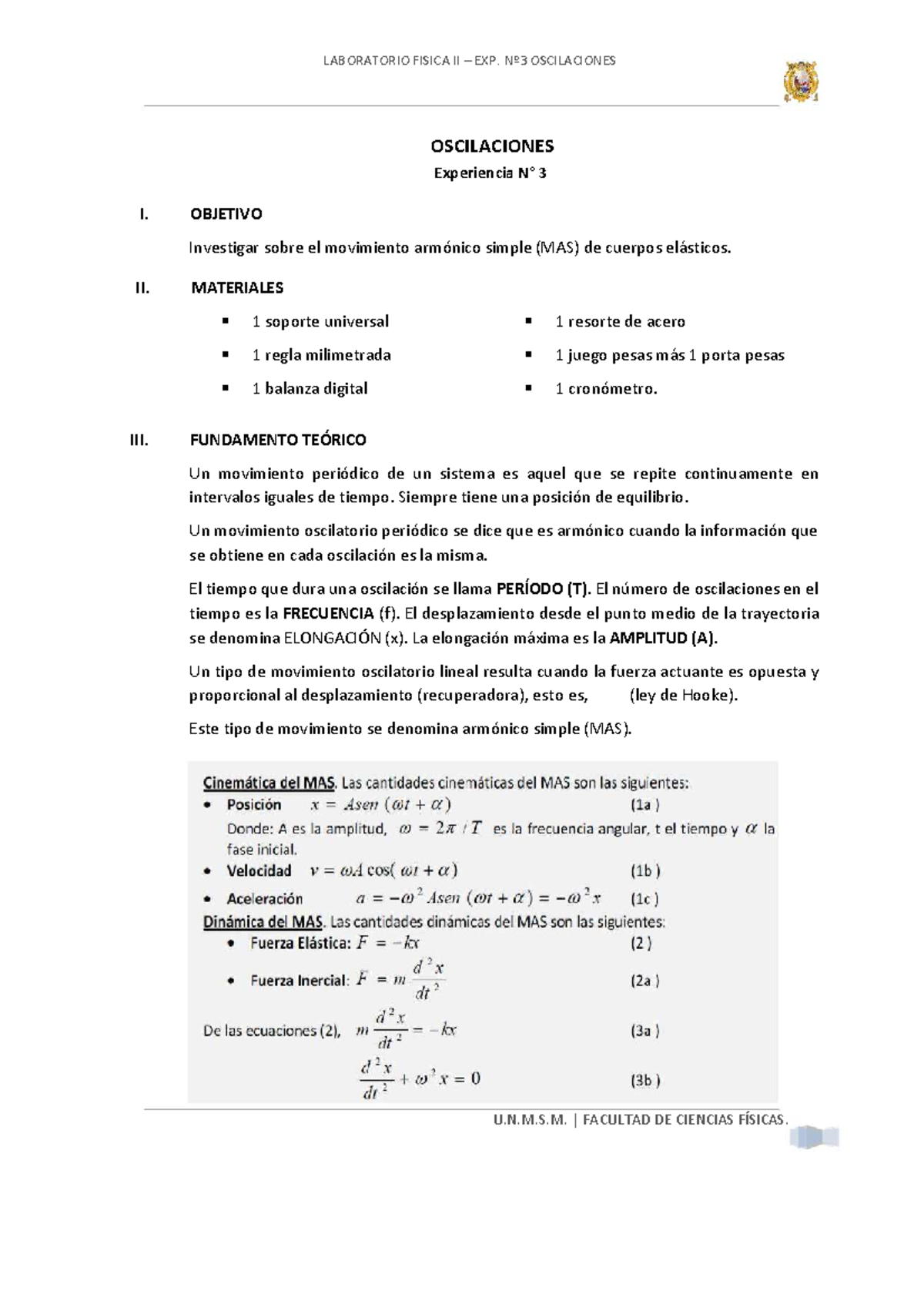 Informe Final: Oscilaciones y Movimiento Armónico - FIS2-Exp.3 - Studocu