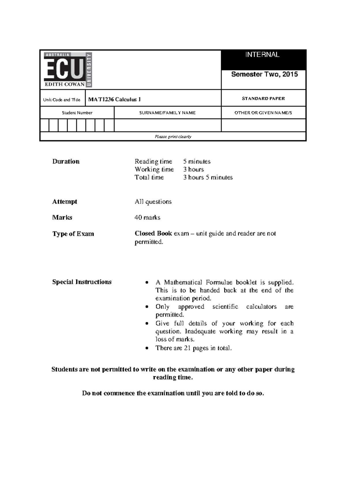 Exam November 2015, questions - INTERNAL Semester Two, 2015 Unit Code ...