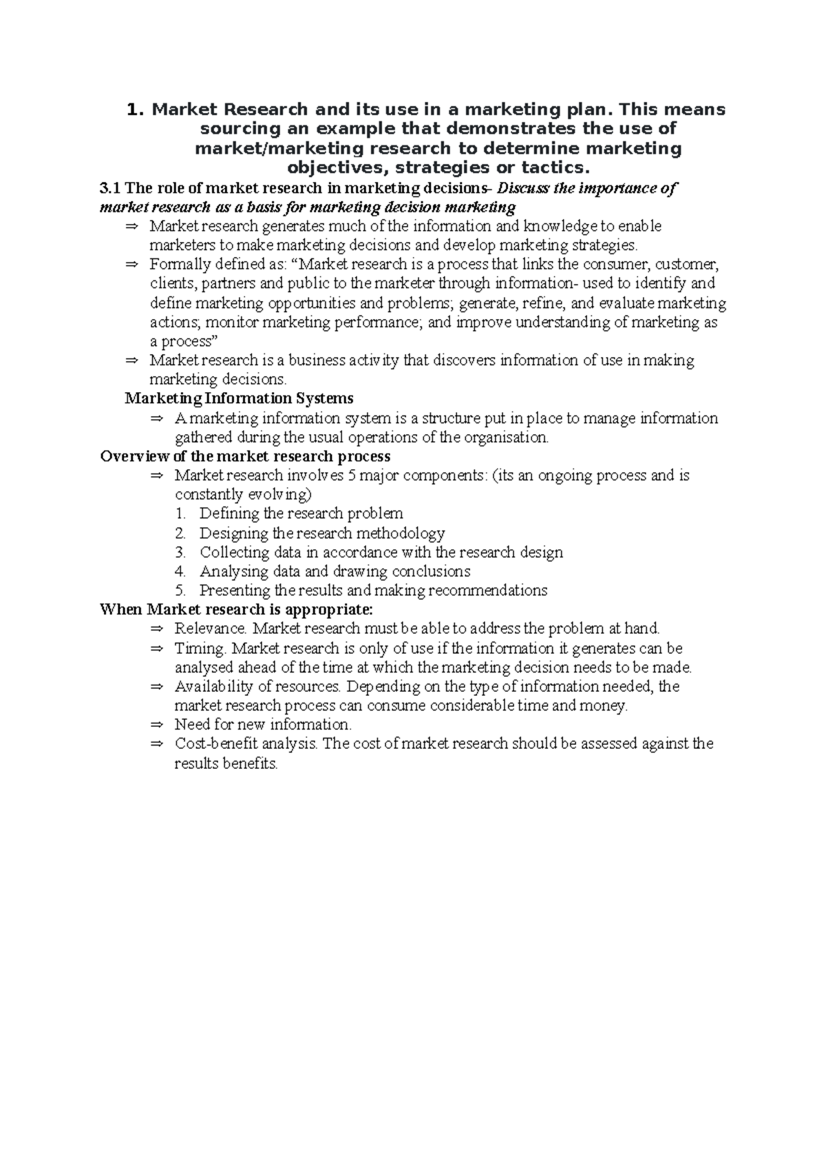 Market research notes - 1 Research and its use in a marketing plan ...