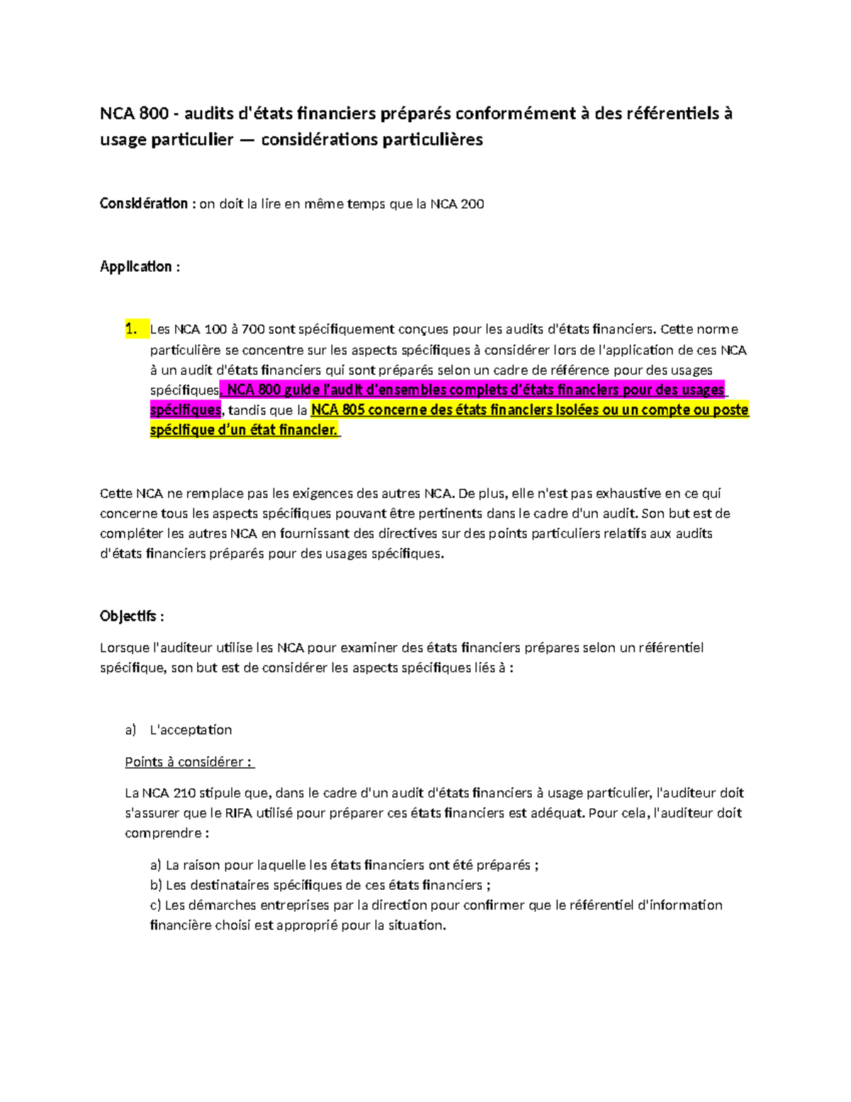 NCA 800 et NCA 805 - Audit des États Financiers à Usage Particulier ...