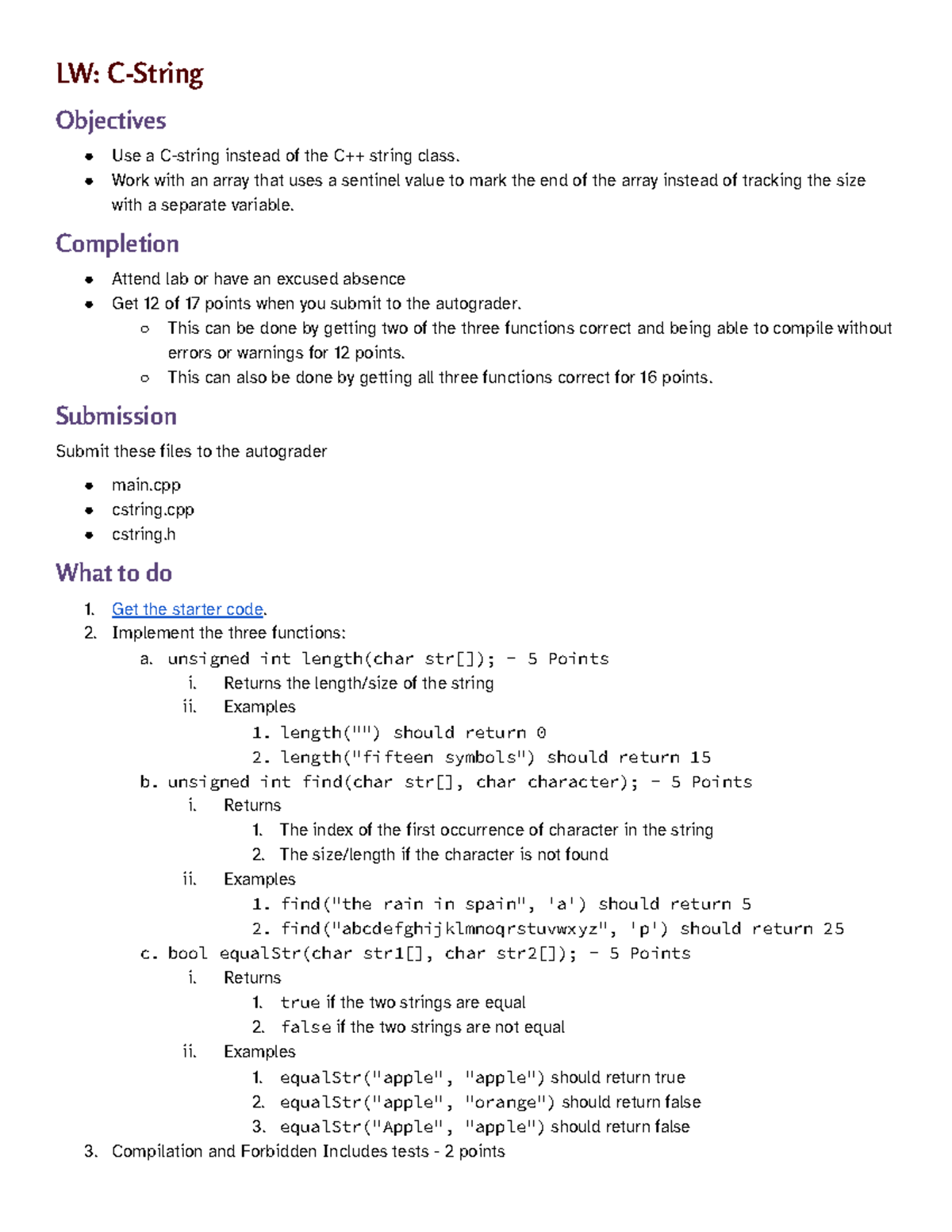LW C-String Implementation Guide: Objectives, Completion & Submission ...