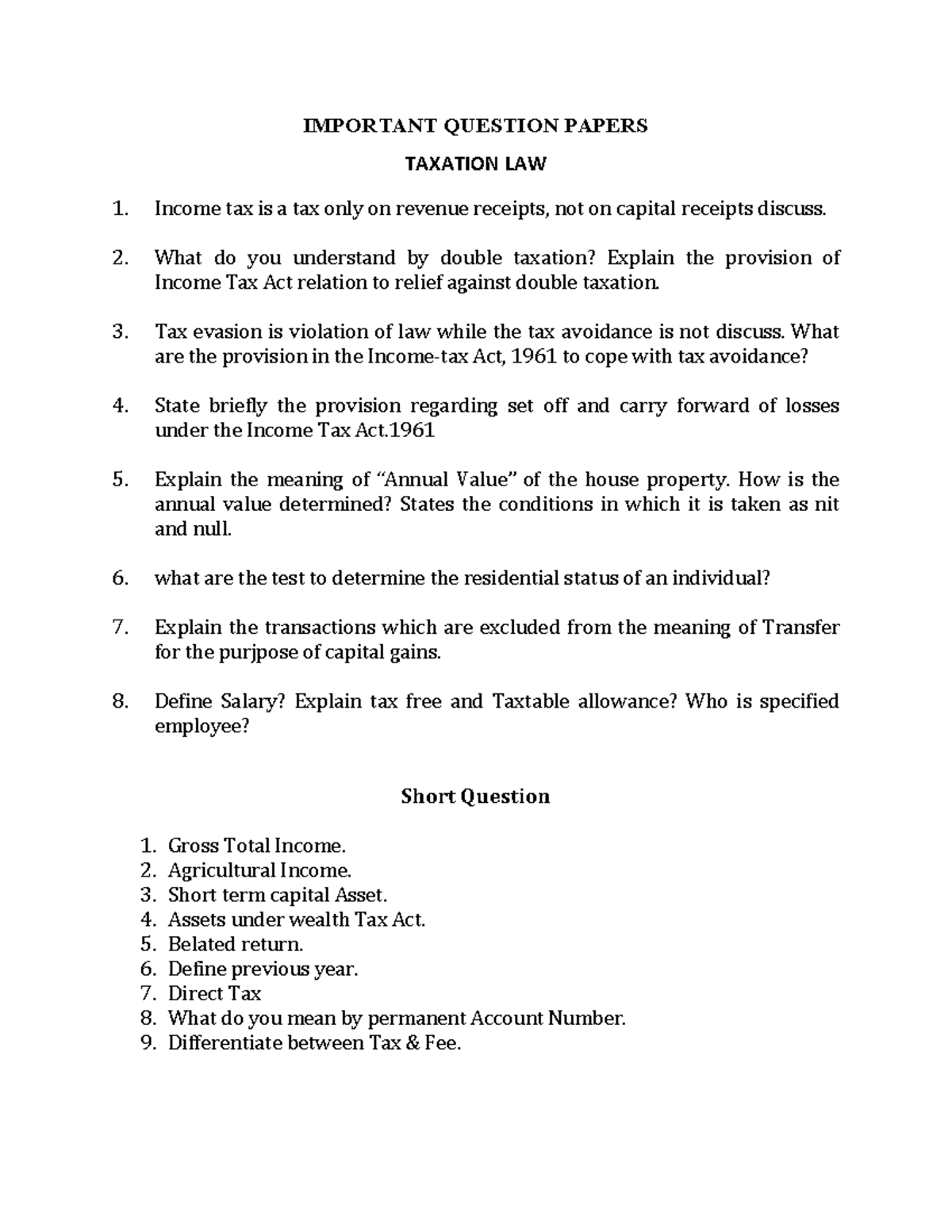 Taxation Law 1: Key Questions and Concepts for Exam Preparation - Studocu