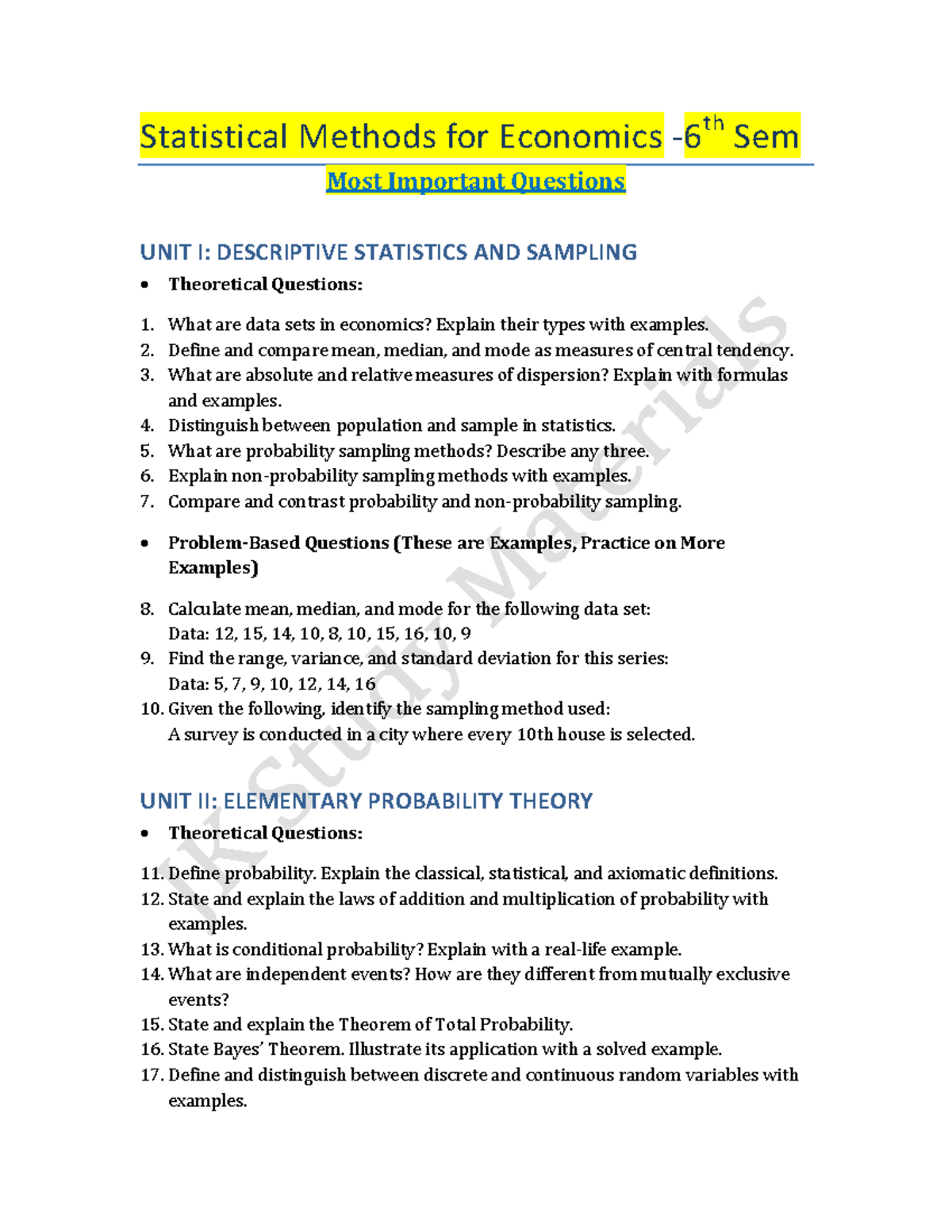 Important Questions for 6th Sem Statistical Methods in Economics - Studocu
