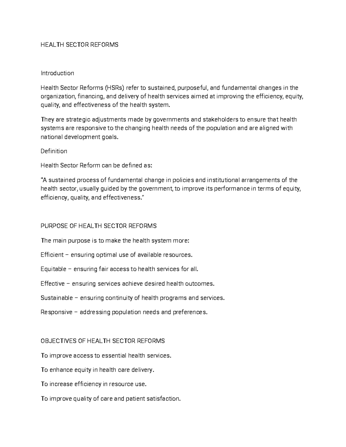 Health Sector Reforms Overview: Key Objectives and Benefits - Studocu