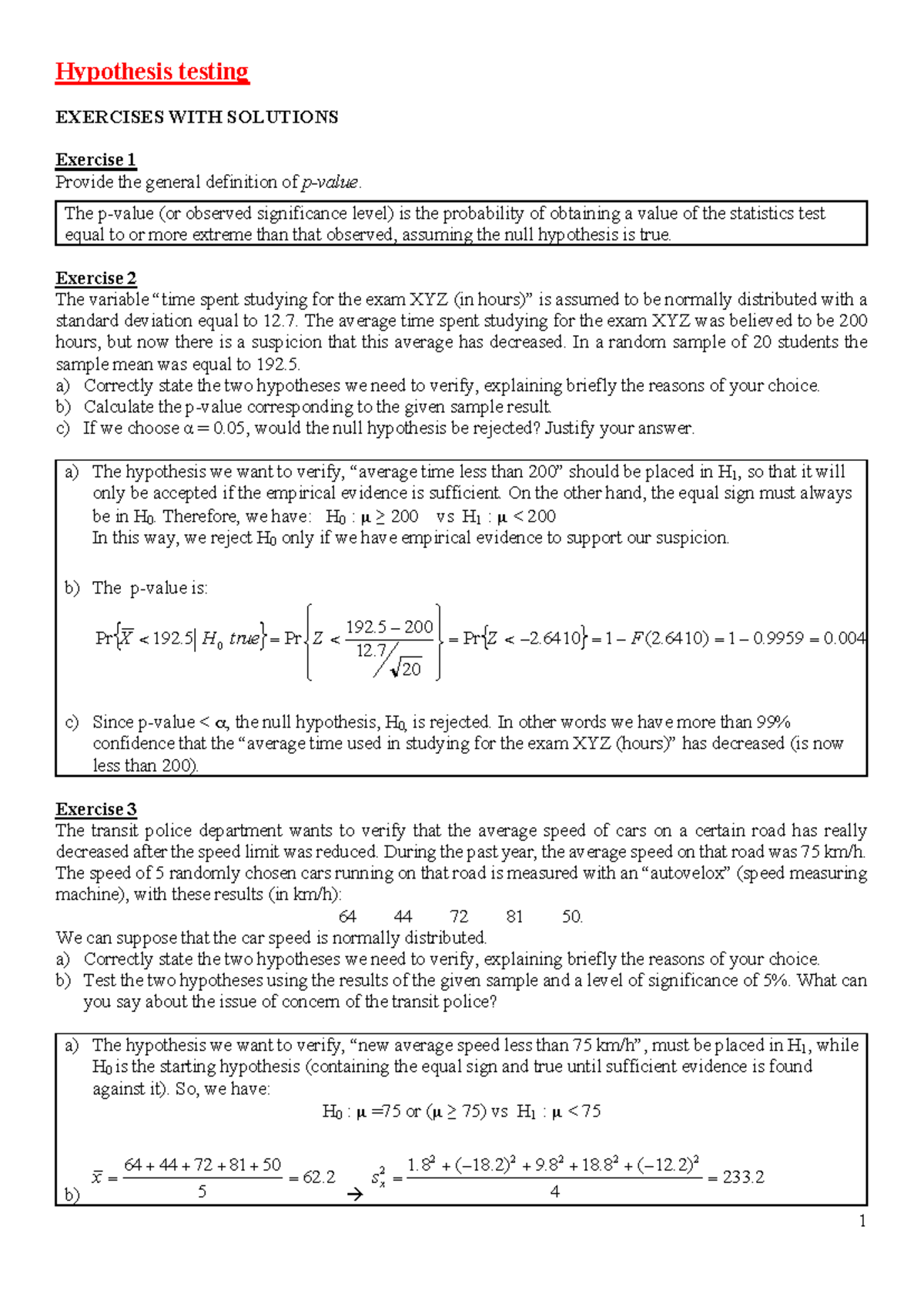 Sessions 18-20 Exercises Hypothesis testing (With Solutions) - Updated ...