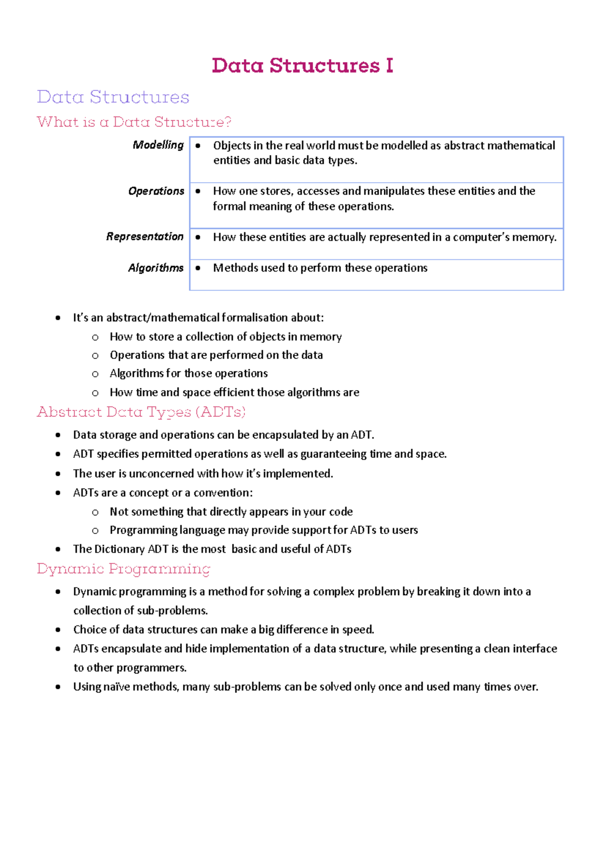 Data Structures I - Term 1 Semester 1 Notes and Key Concepts - Studocu