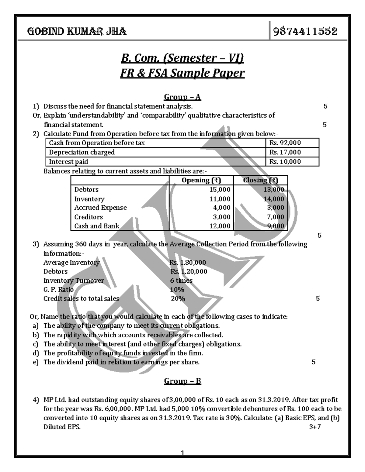B. Com. Sem VI FR FSA Sample Paper: Financial Statement Analysis ...