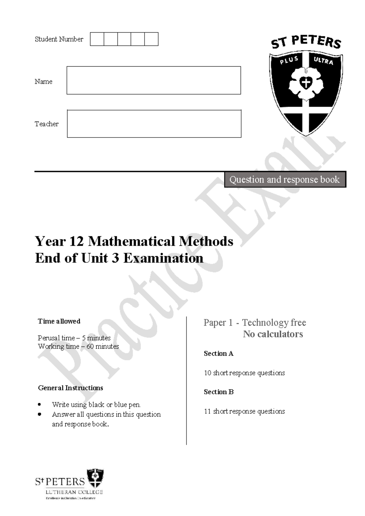 2024 Year 12 Mathematical Methods EoU 3 Paper 1 Practice Exam - Studocu