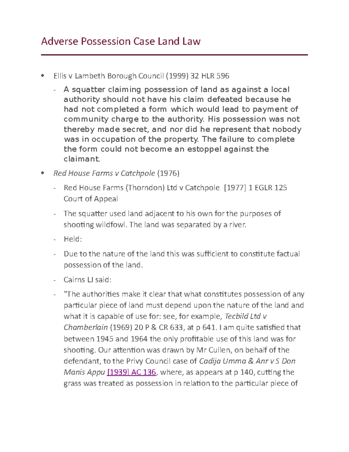 Adverse Possession Case Study in Land Law (LA301) - Studocu