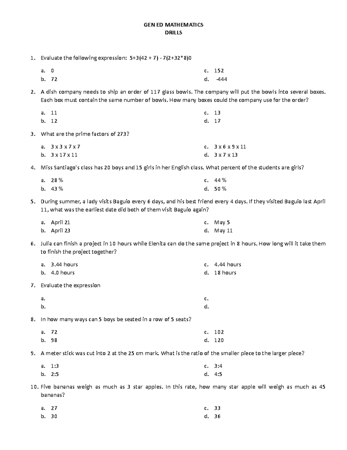 SET B TEST 2 - Math Drills Review Questions for GEN ED - Studocu
