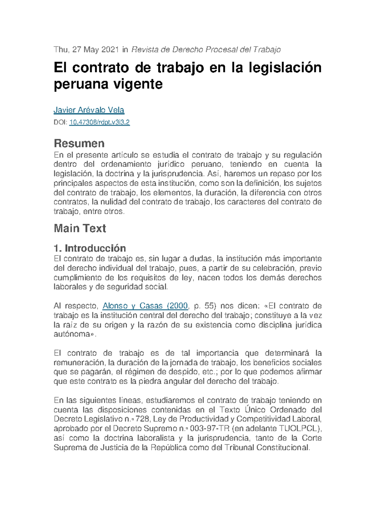 El Contrato de Trabajo en la Legislación Peruana Vigente - J. Arevalo ...