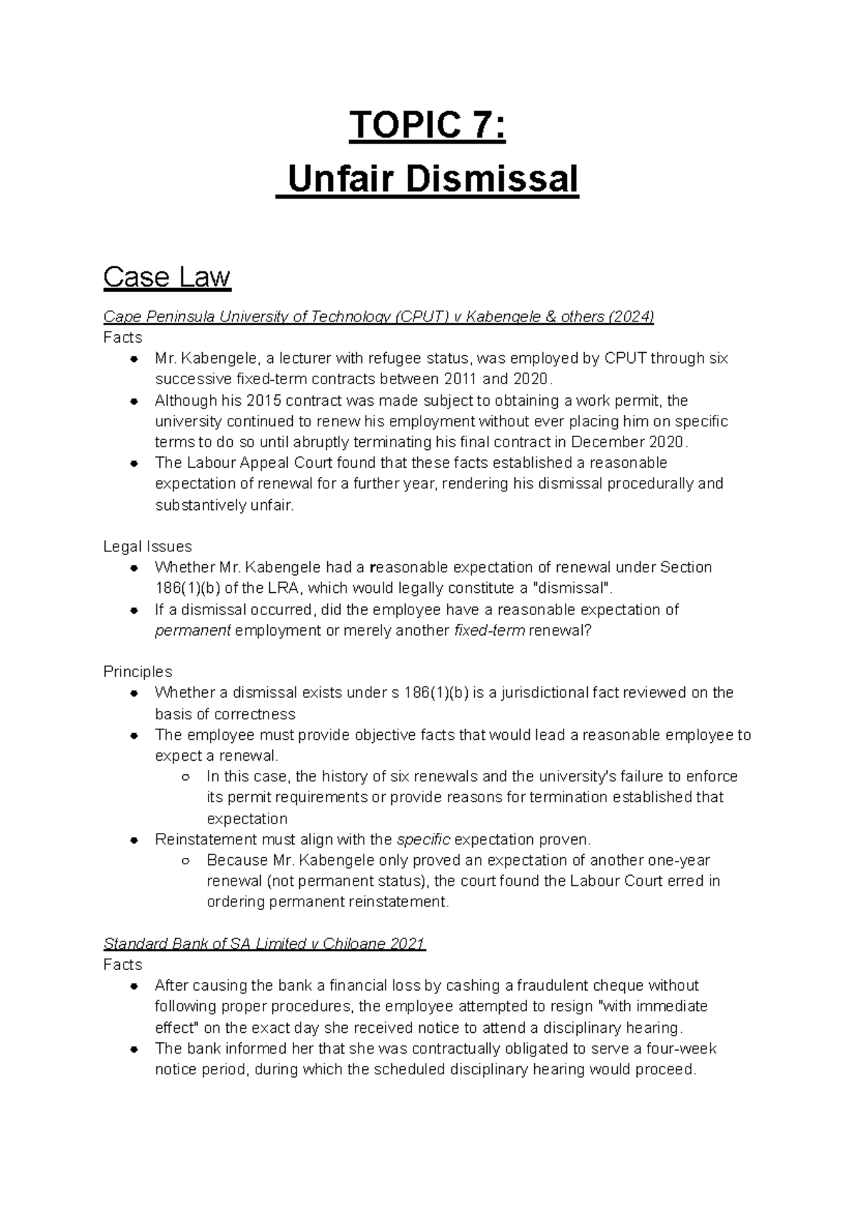 Topic 7: Unfair Dismissal Case Law - Labour Law Analysis (CPUT) - Studocu