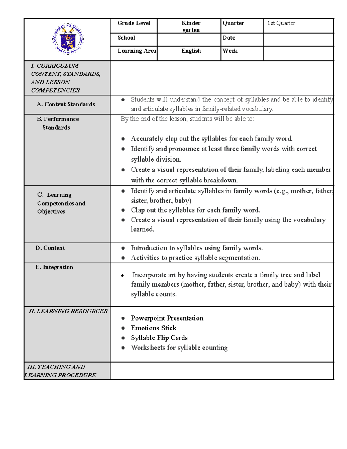 Dep Ed Matatag Lesson plan - Grade Level Kinder garten Quarter 1st ...