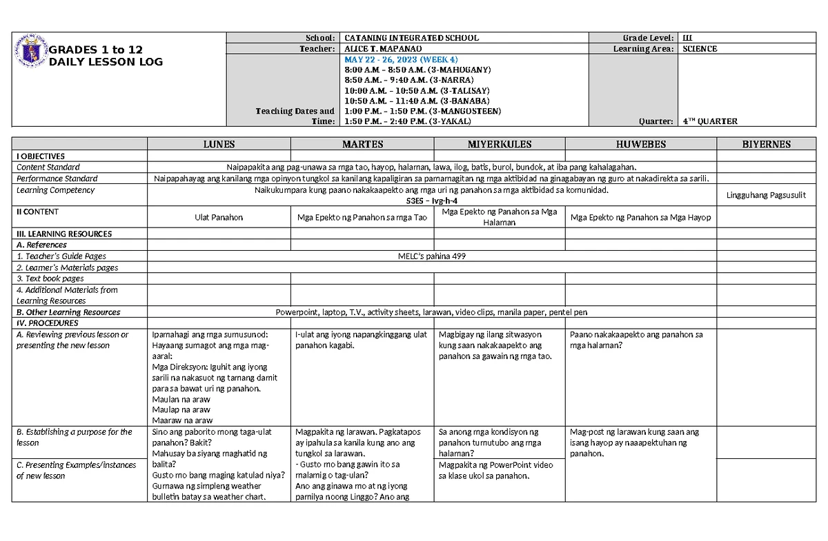 Grade 3 DLL ESP 3 Q4 Week 8 Lesson Plan and Activities - Studocu