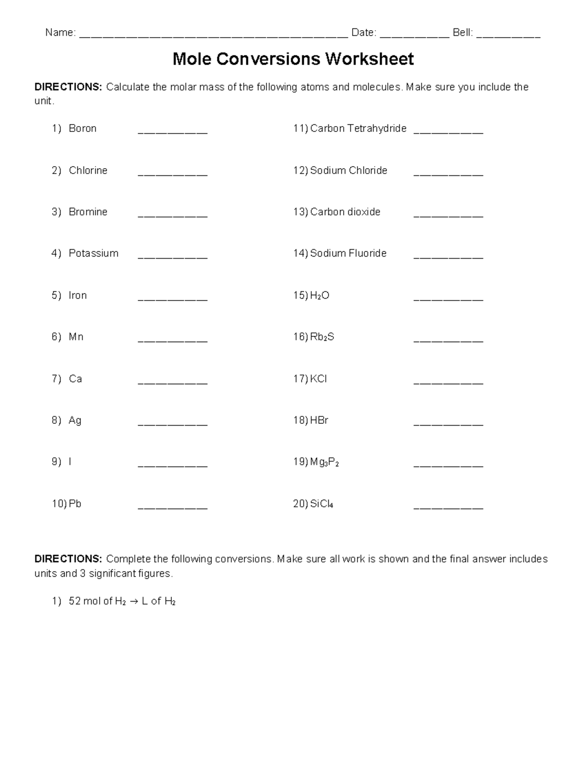 Mole Conversions Worksheet: Calculating Molar Mass & Conversions - Studocu