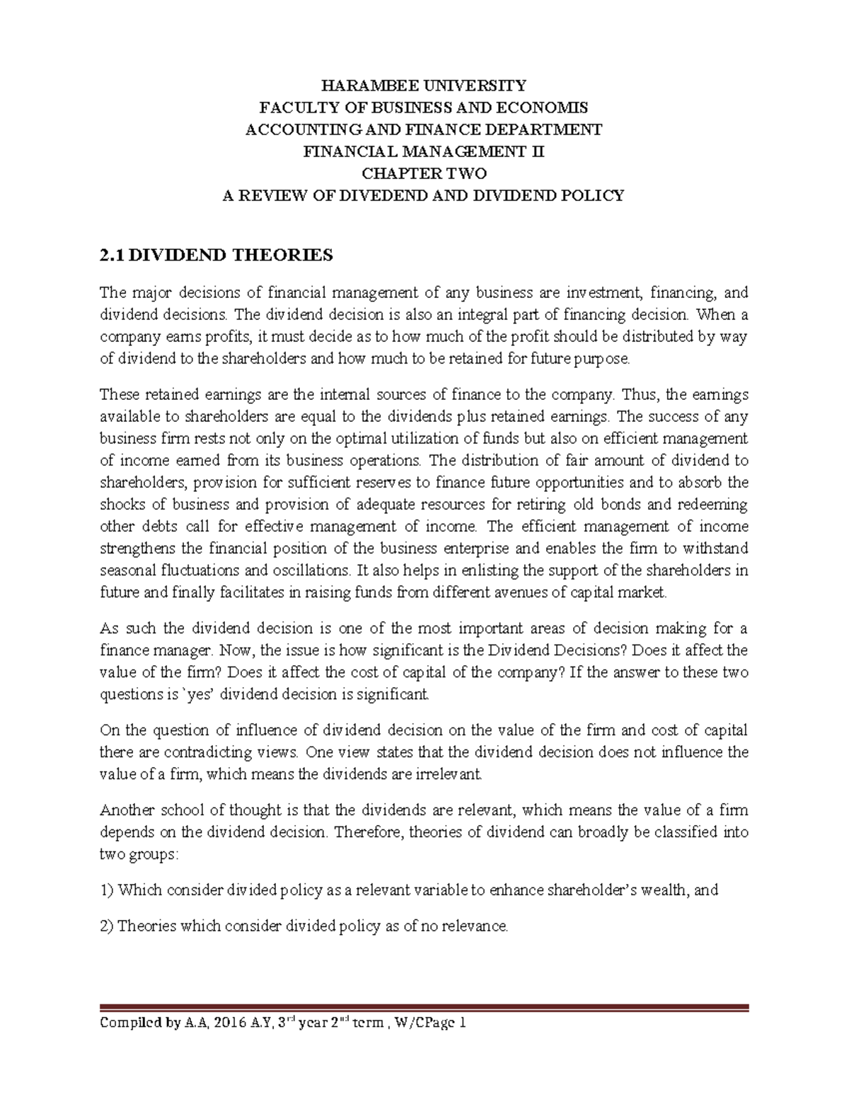 Financial Management II: Dividend Theories and Policies - Chapter 2 ...