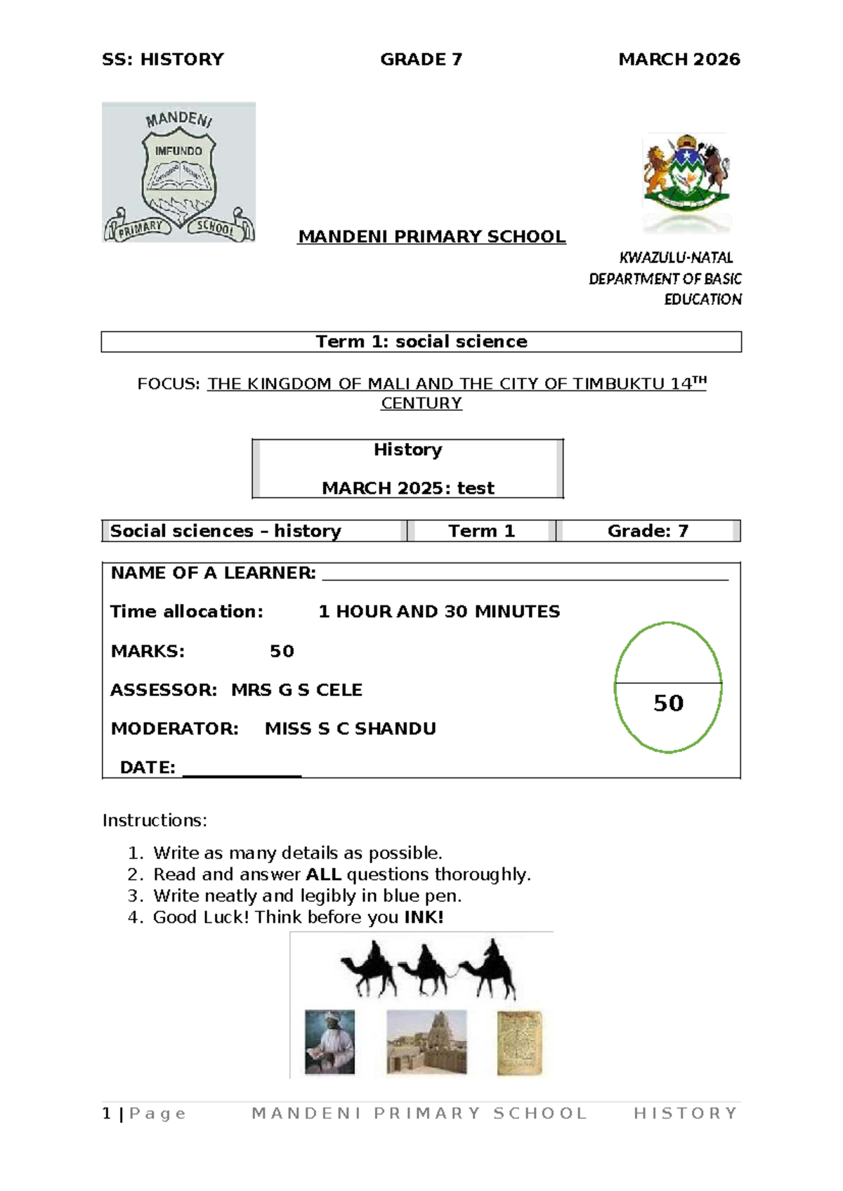 SS: HISTORY GRADE 7 TERM 1 MARCH 2025 - KINGDOM OF MALI TEST - Studocu