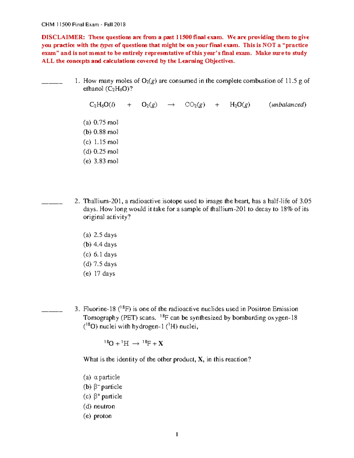 Final Exam Sample Questions for CH11500 - Set 2 - Document Preview