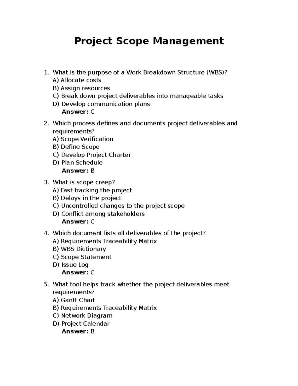 PM 2 - Project Scope Management Quiz: Key Concepts & Definitions - Studocu