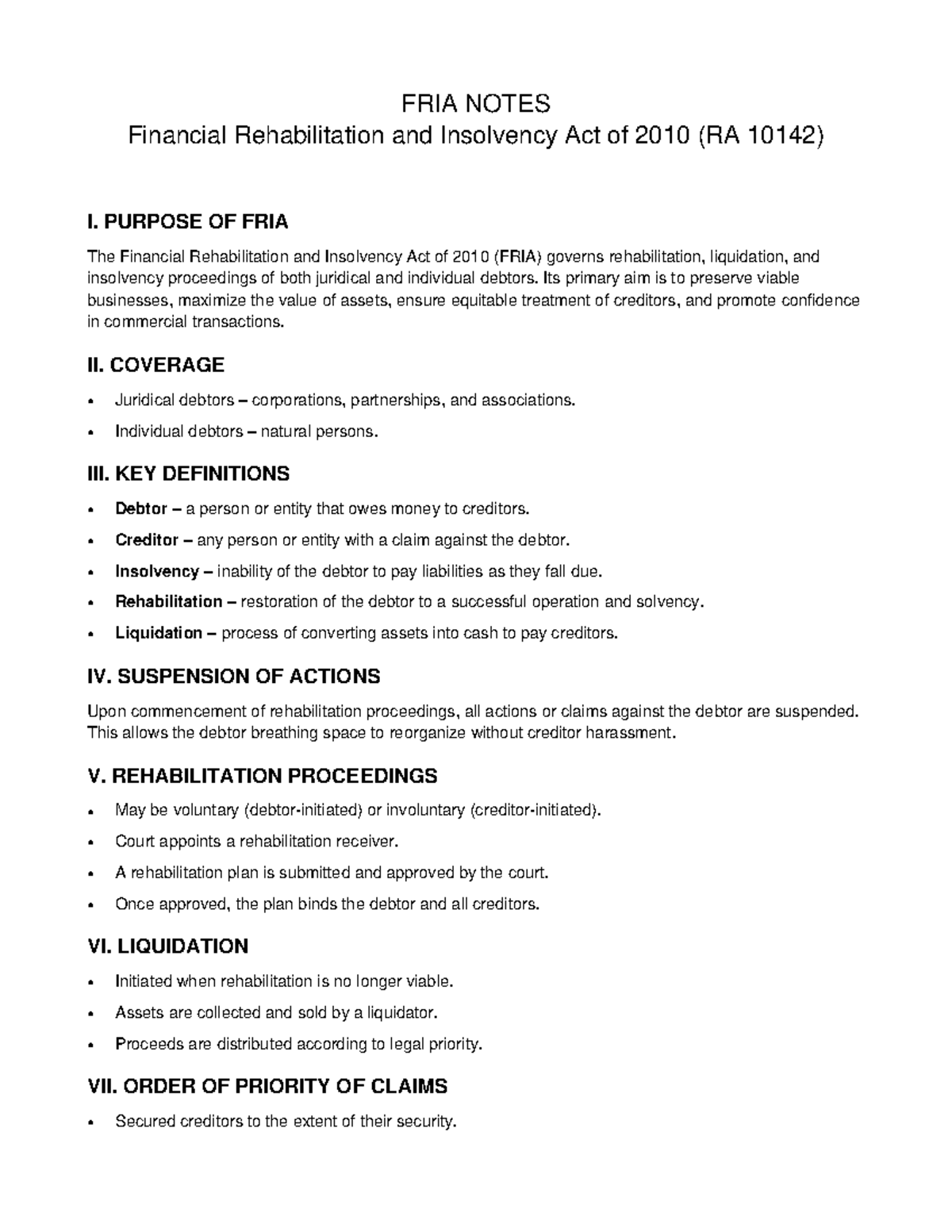 FRIA Notes on Financial Rehabilitation & Insolvency Act (RA 10142 ...