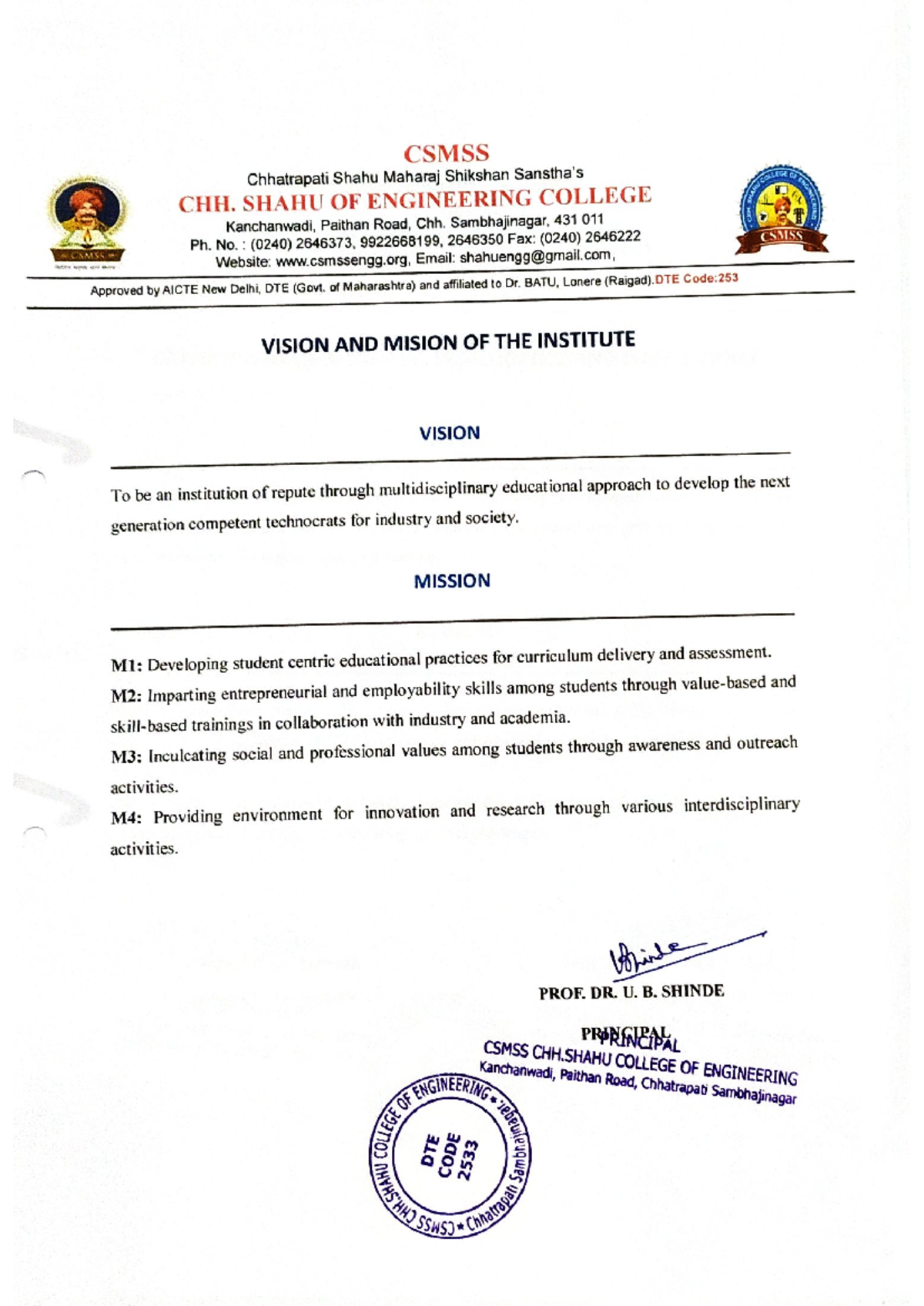 CSMSS CSE Institutional Vision and Mission Notes - Studocu