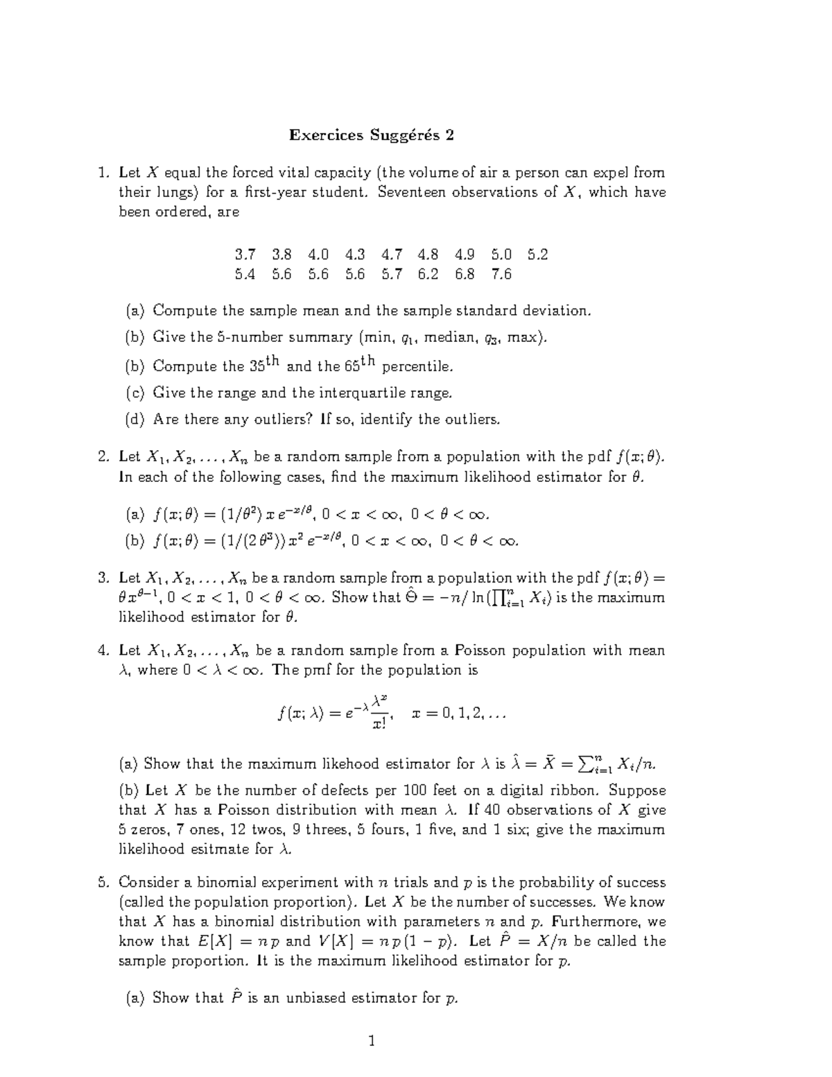 MAT2377 - Suggested Practice for Statistical Estimation and MLE - Studocu