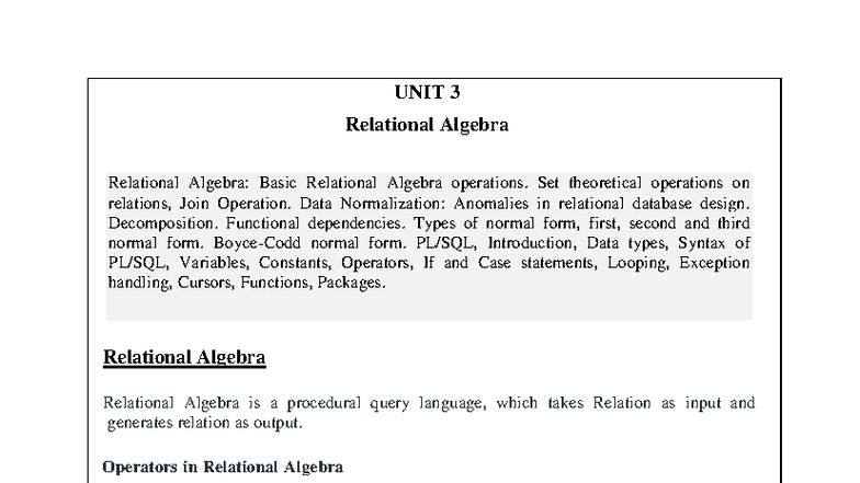 BCA Unit 3 - Relational Algebra: Operations and Normalization - Studocu