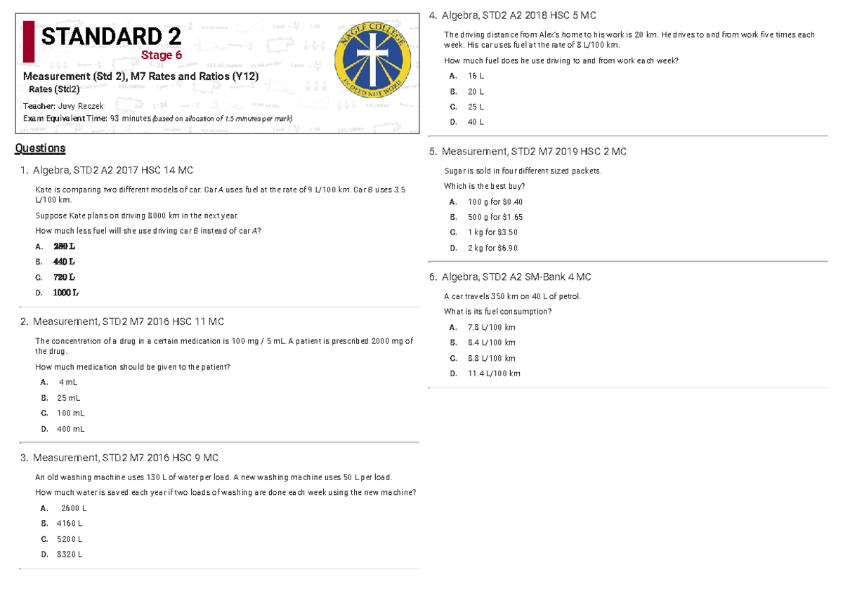 M7 Rates & Ratios: Algebra & Measurement Practice Questions - Studocu