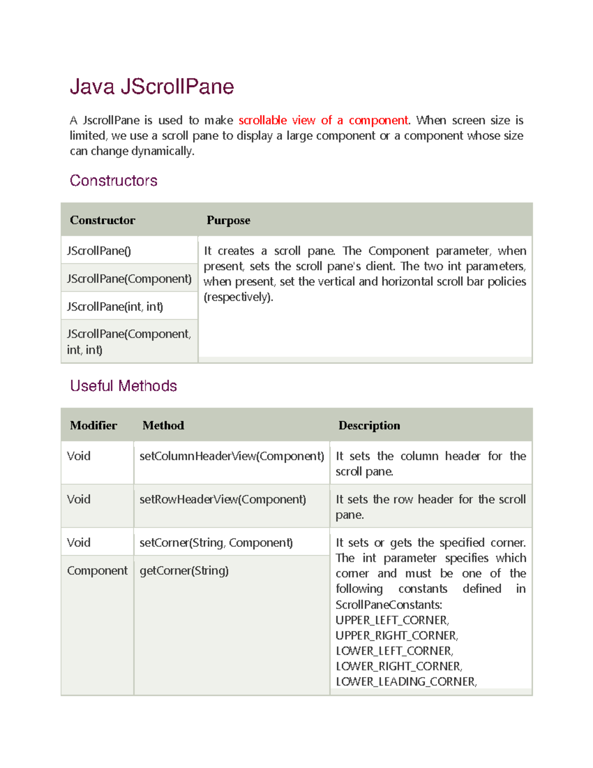 Java JScrollPane Overview and Usage Guide - Studocu