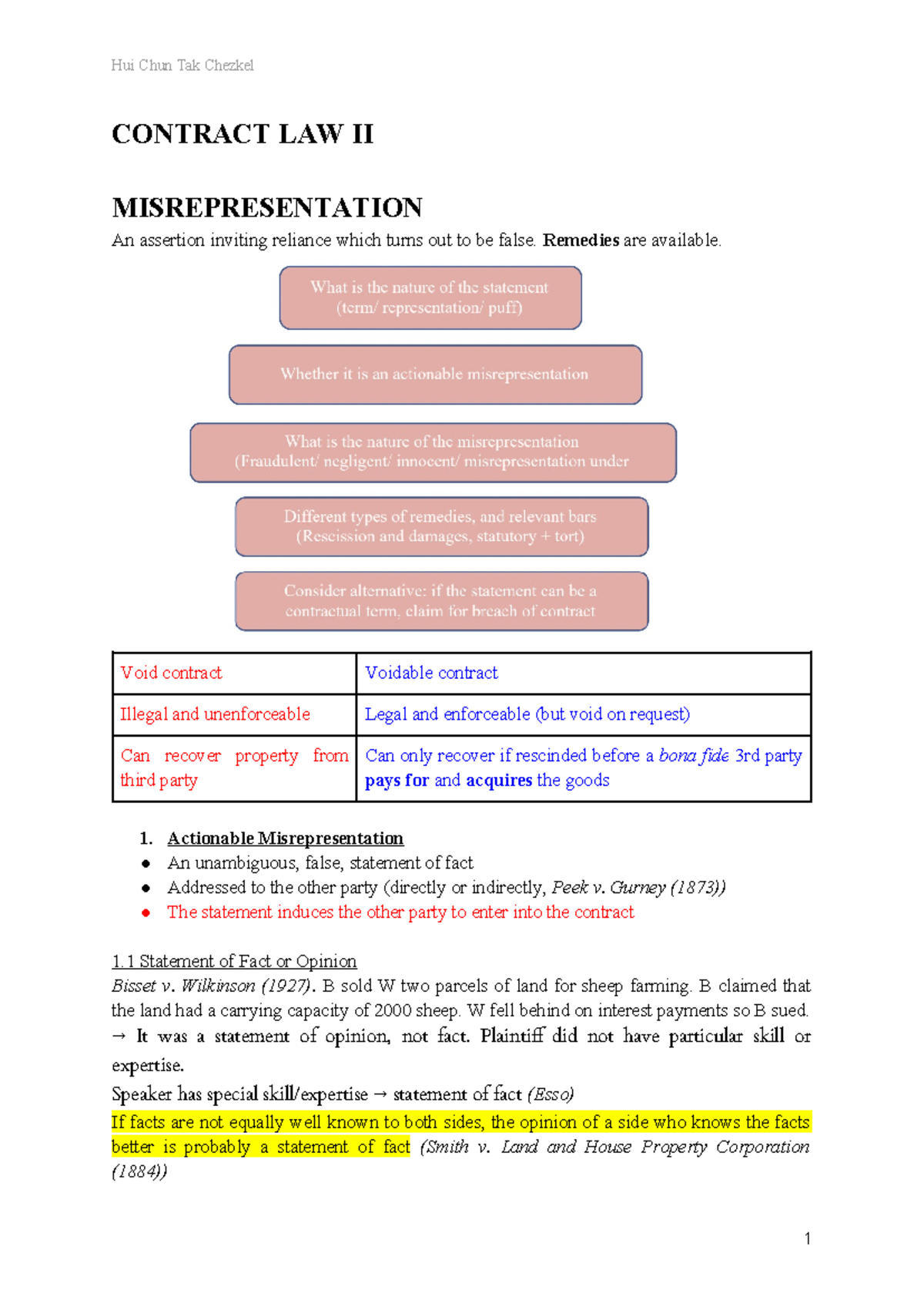 Contract Law II - Misrepresentation and Mistake Notes - Studocu