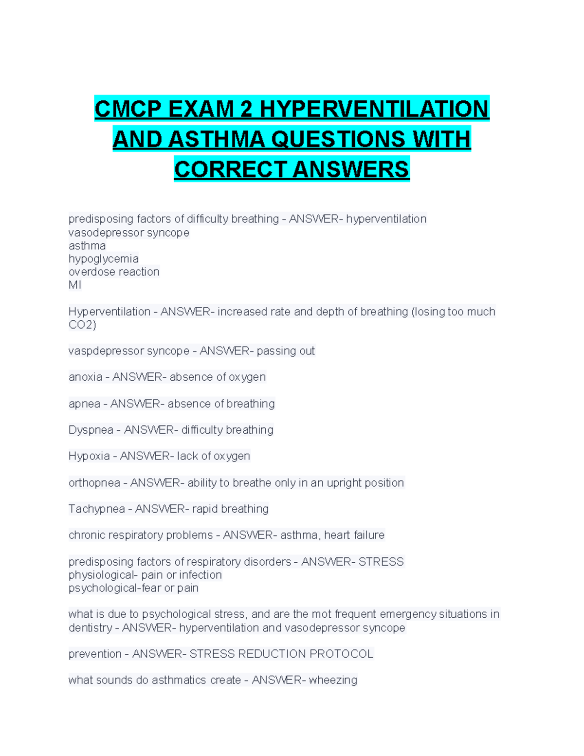 CMCP EXAM 2: Hyperventilation & Asthma Q&A with Answers - Studocu