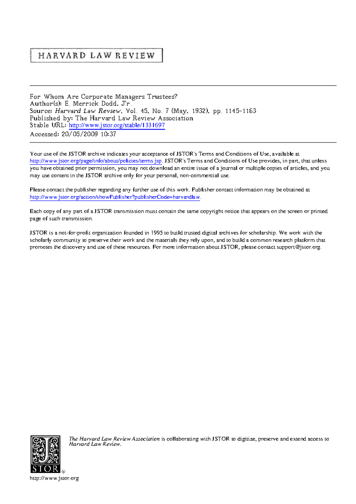 Corporate Managers as Trustees: An Analysis of Dodd's Perspective - Studocu