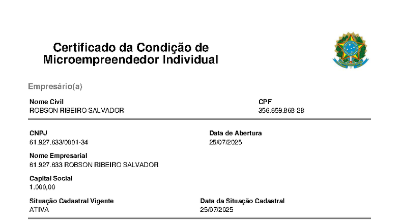 Certificado de Microempreendedor Individual - MEI Ccmei-61927633000134 ...