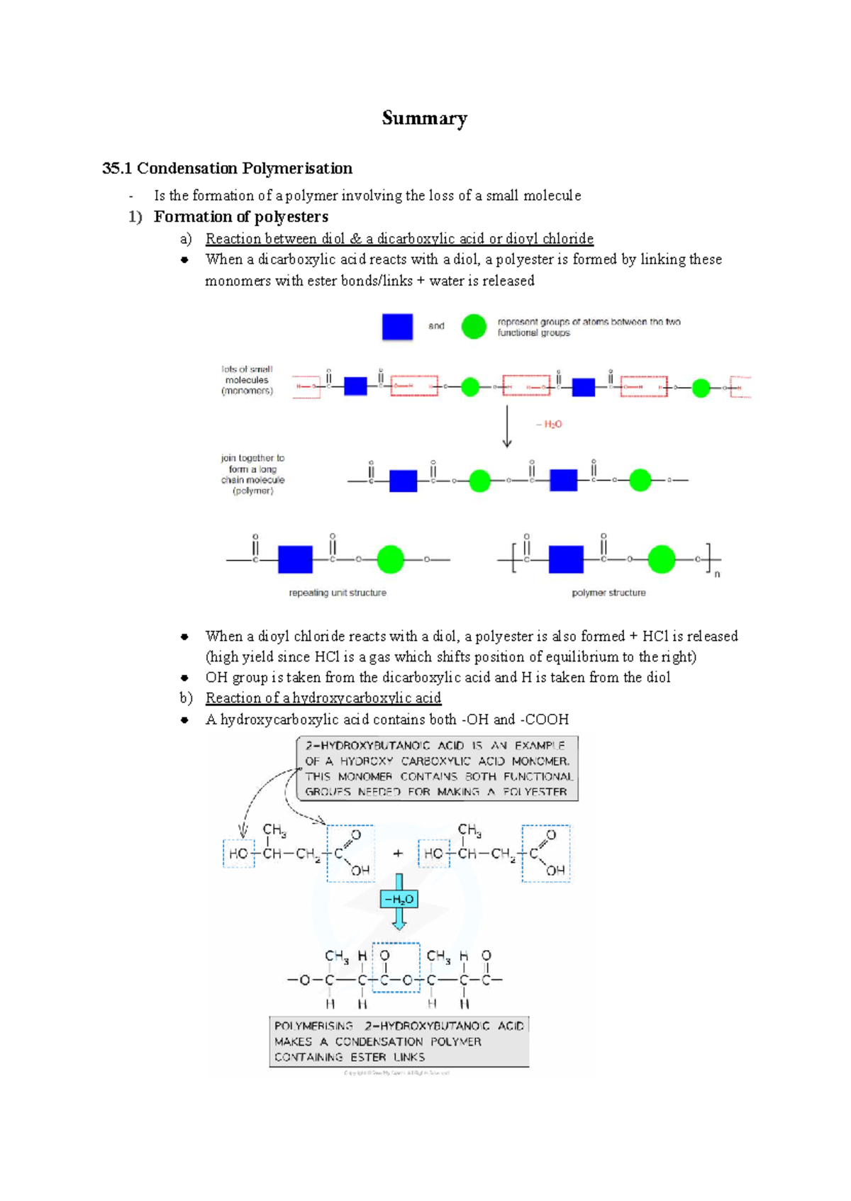 Chemistry A Level: Condensation Polymerisation Summary - Studocu