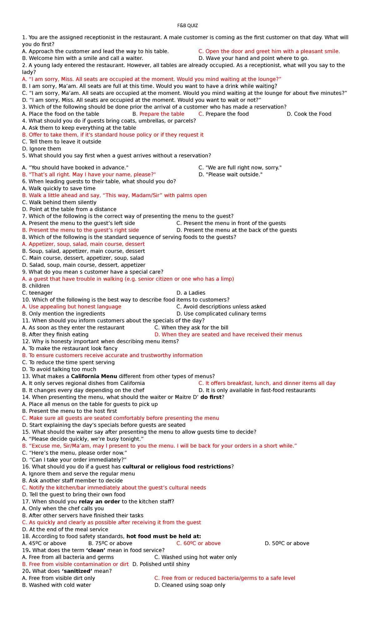F^0B QUIZ 1: Restaurant Receptionist Scenarios and Protocols - Studocu