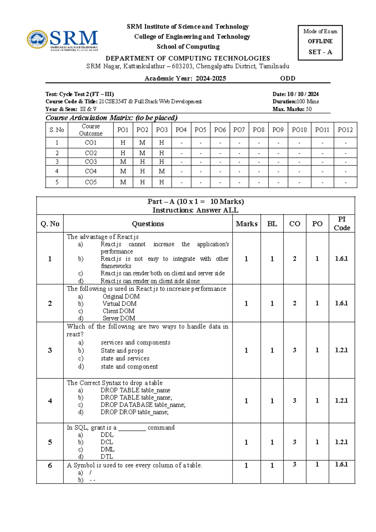 FSWD 21CSE354T - Cycle Test 2 - Class Test, Set A (2024-2025) - Studocu