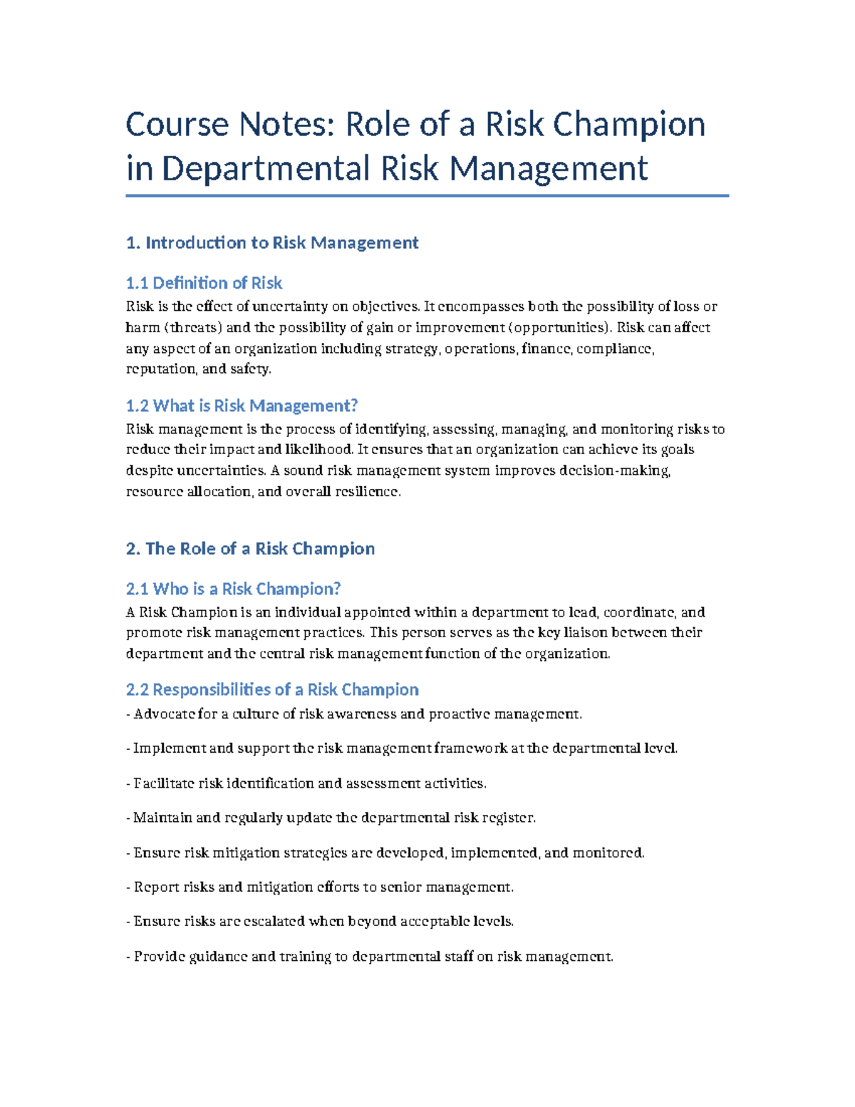 Risk Champion Course Notes - Course Notes: Role of a Risk Champion in ...