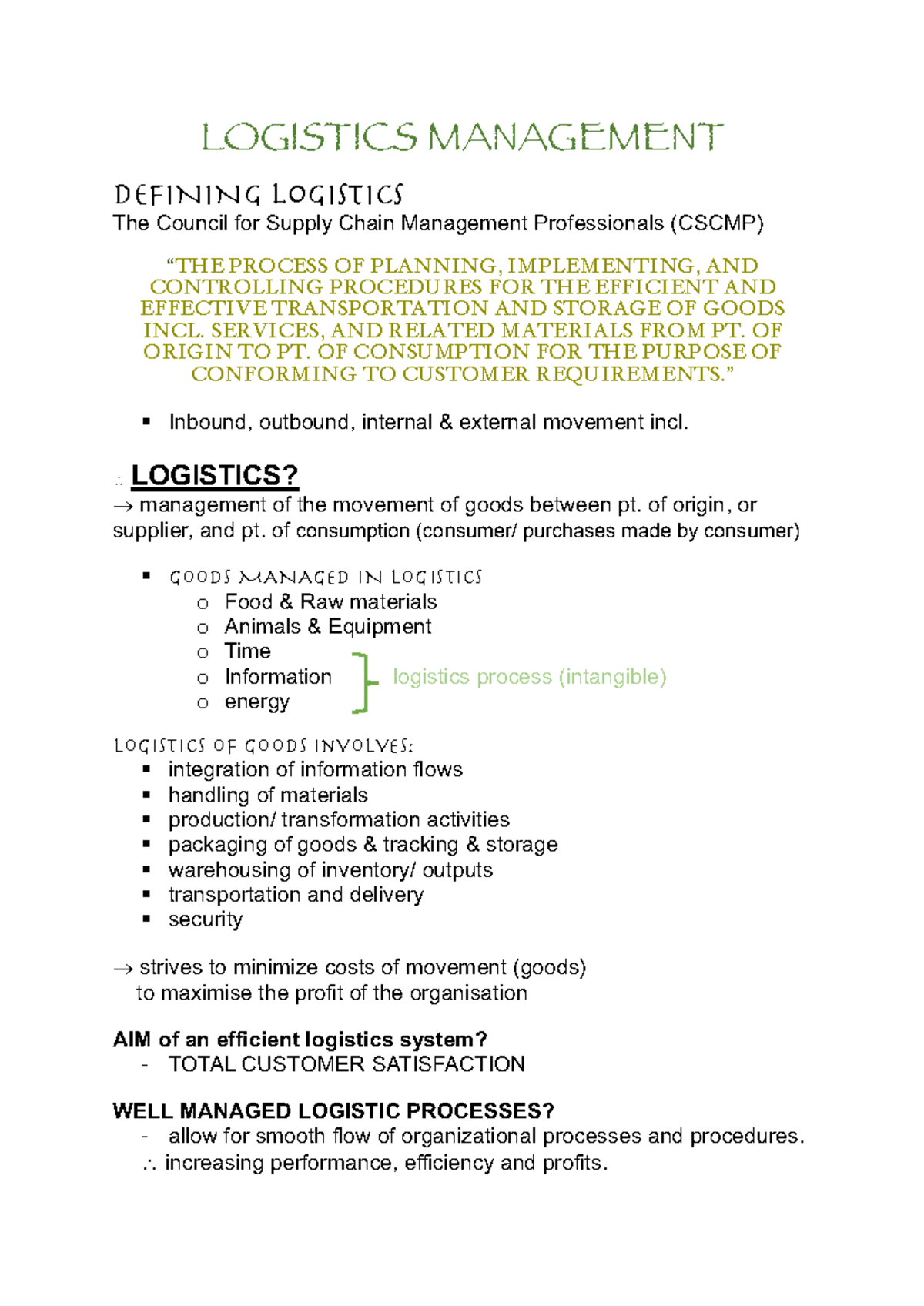 Logistics Management: Key Concepts and Practices in SCM - Studocu