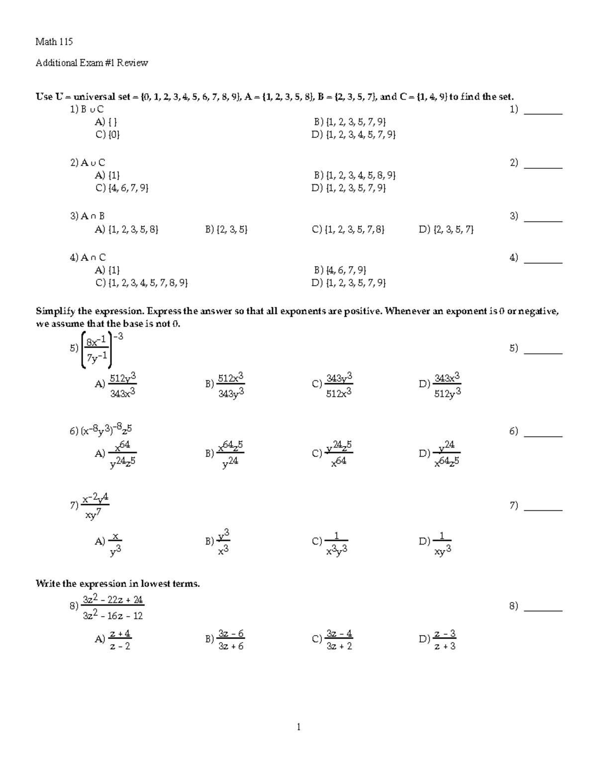 Exam 1 Extra Review - Math 115 Additional Exam #1 Review Use U ...