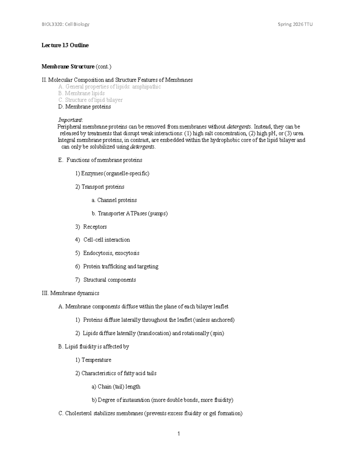 BIOL3320: Cell Biology Spring 2026 TTU Lecture 13 Membrane Structure ...
