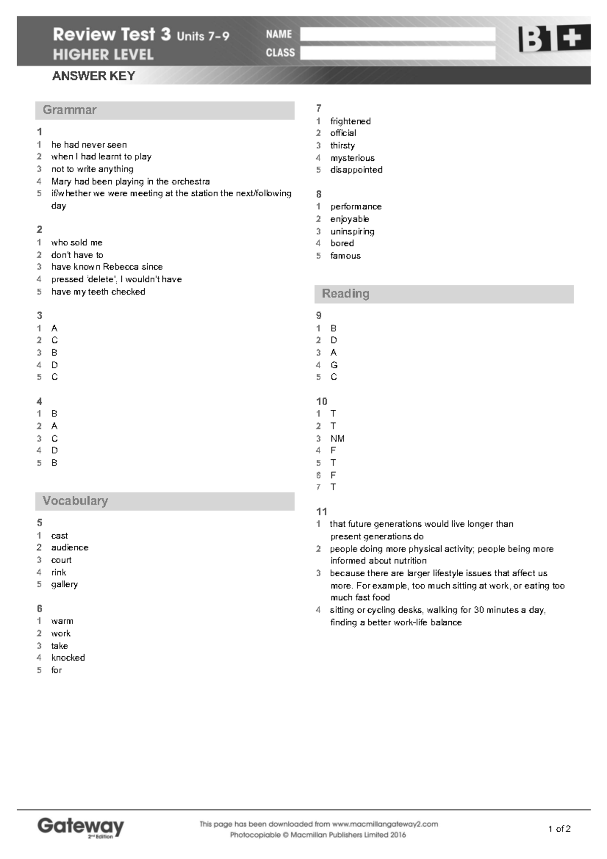 B1PLUS Review Test 3 Answer Key - Higher Level - Studocu